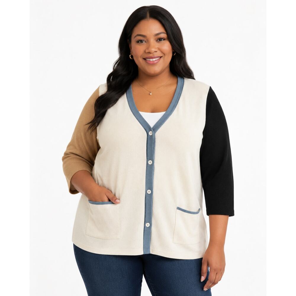 LOGO Lori Goldstein Colorblock Button Front Cardigan Women's XL Pockets